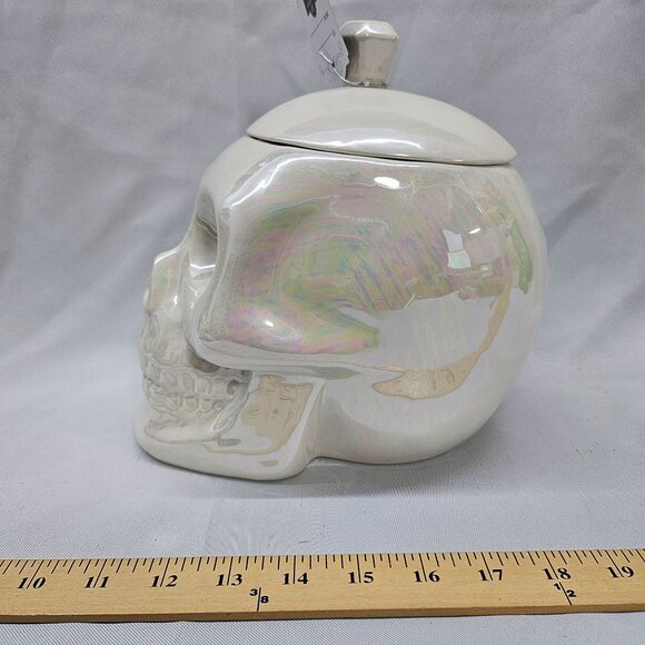 Halloween Decor Iridescent White Ceramic Skull Jar Canister With Lid - Picture 10 of 13